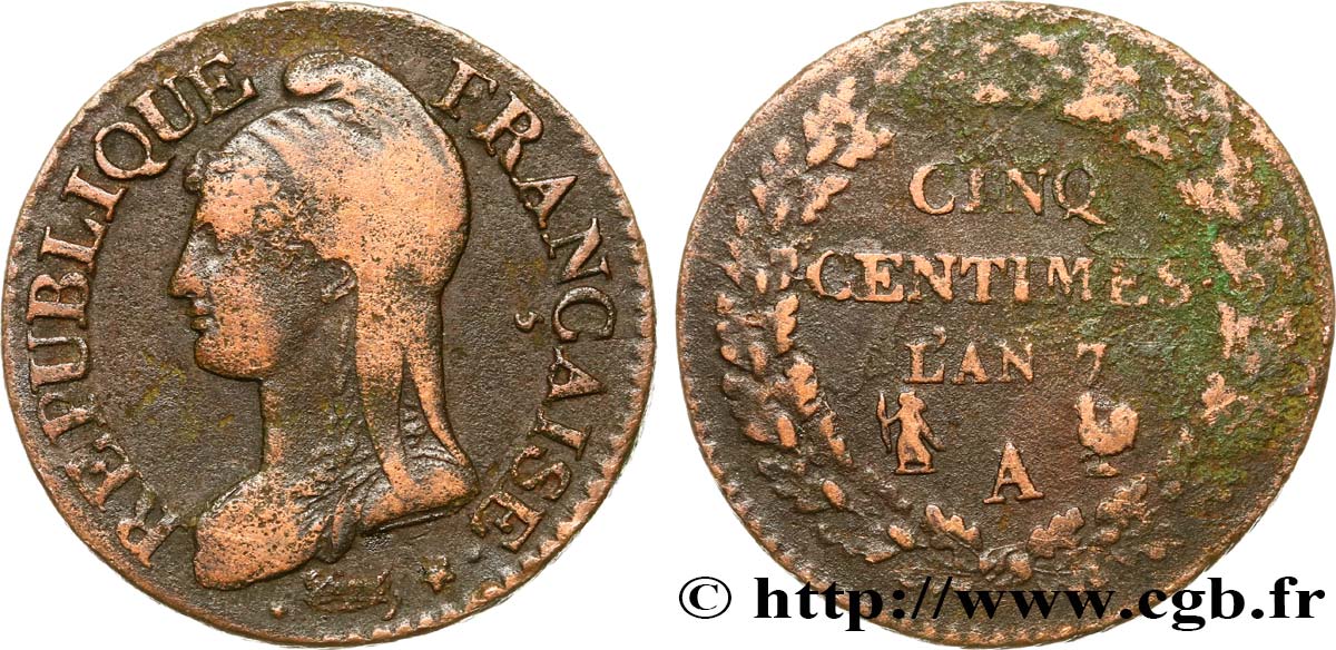Cinq centimes Dupré, grand module 1799 Paris F.115/44 TB25