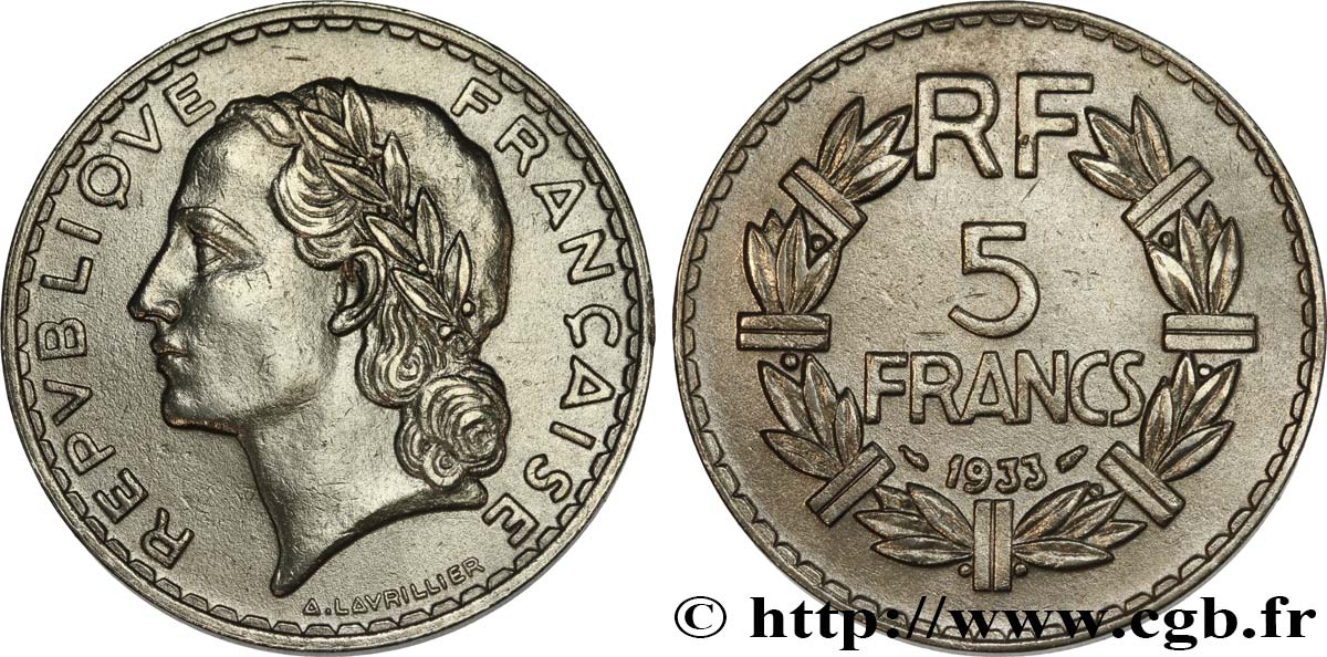 5 francs Lavrillier, nickel 1933 F.336/2 XF