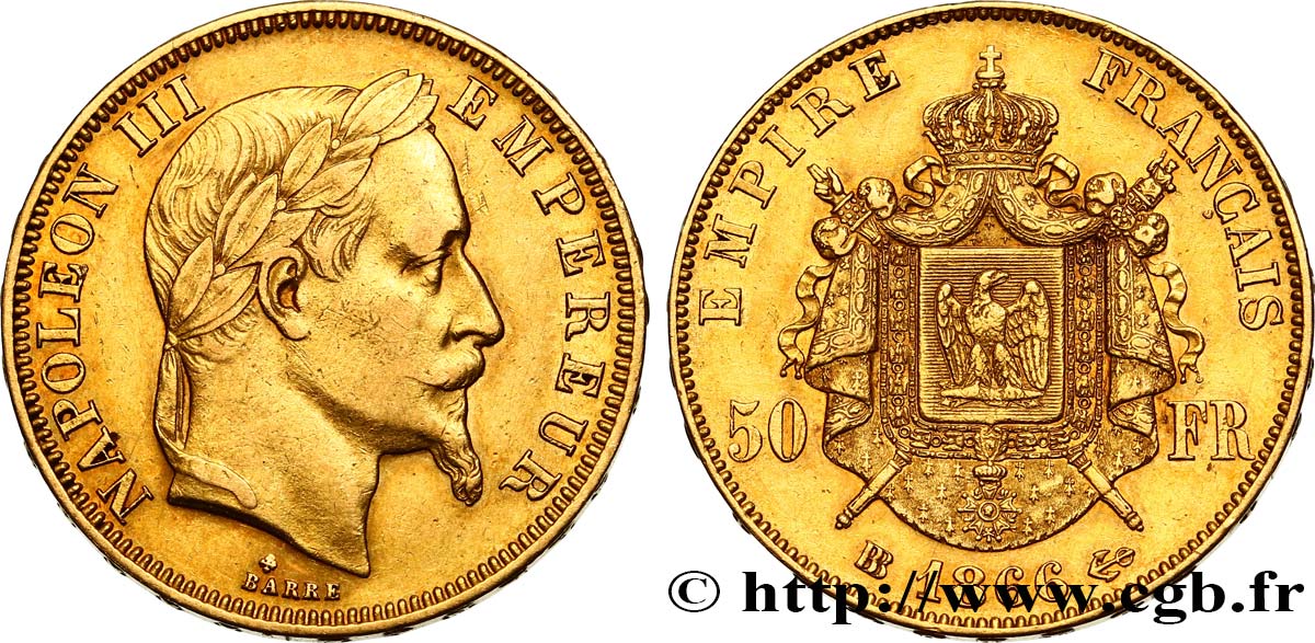 50 francs or Napoléon III, tête laurée 1866 Strasbourg F.548/7 XF45 
