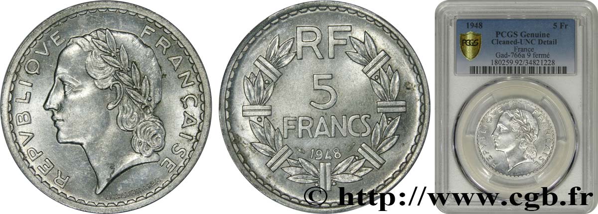 5 francs Lavrillier, aluminium, 9 fermé 1948  F.339/14 SUP+ PCGS