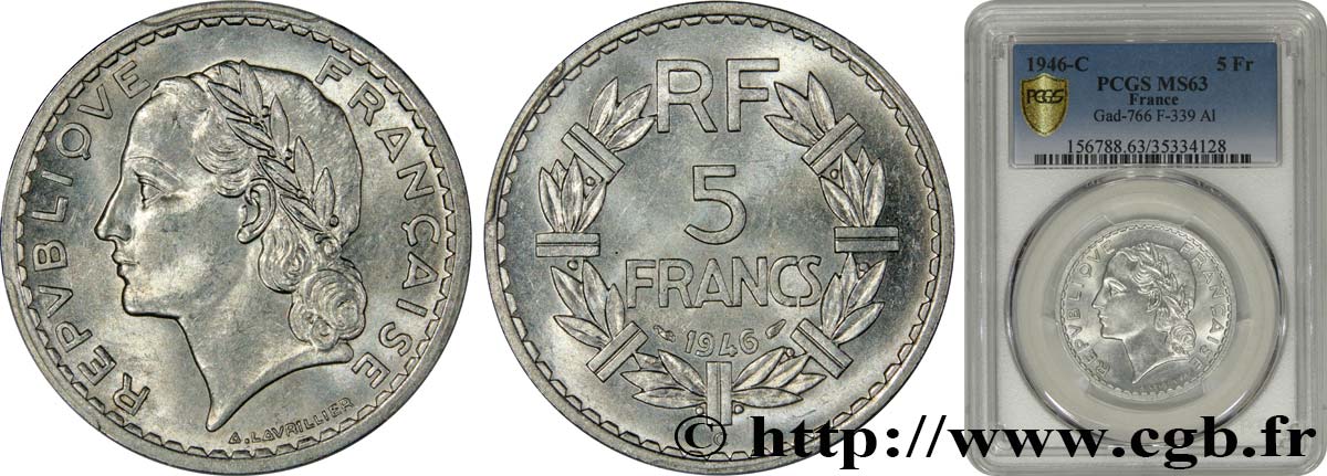 5 francs Lavrillier, aluminium 1946 Castelsarrasin F.339/8 SC63 PCGS