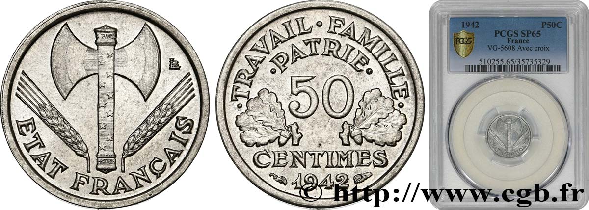50 centimes Francisque, lourde, premiers exemplaires avec les CROIX 1942 Paris F.195/2 ST65 PCGS