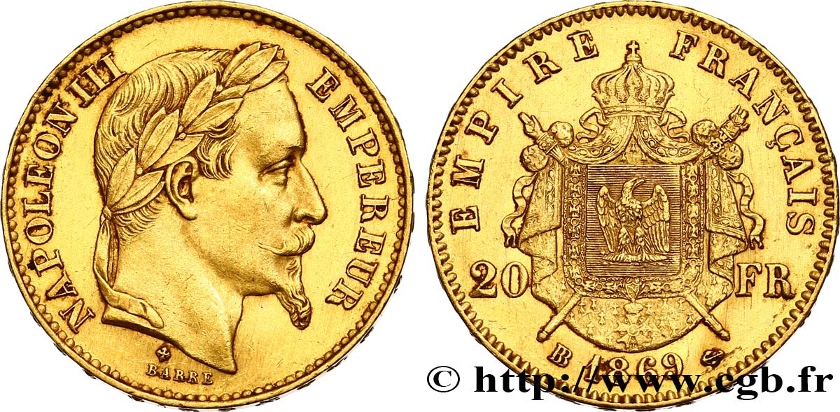 20 francs or Napoléon III, tête laurée, grand BB 1869 Strasbourg F.532/22 XF48 