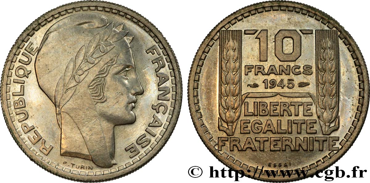 Essai de 10 francs Turin, grosse tête, rameaux longs 1945 Paris F.361/1 MS62 