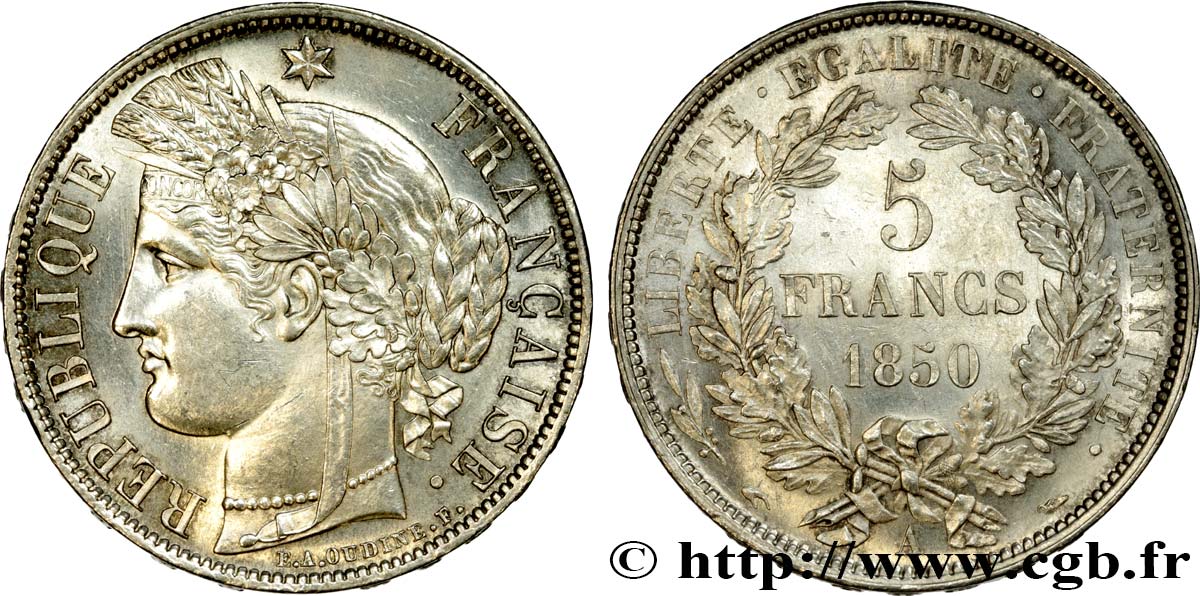 5 francs Cérès, IIe République 1850 Paris F.327/4 VZ62 