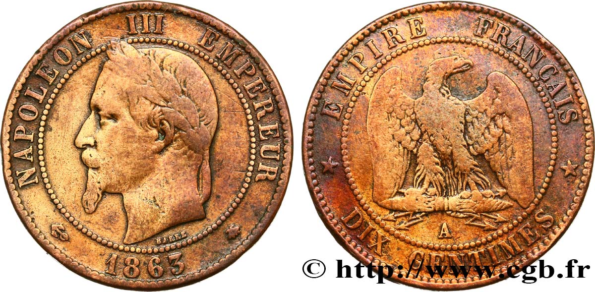 Dix centimes Napoléon III, tête laurée 1863 Paris F.134/10 TB
