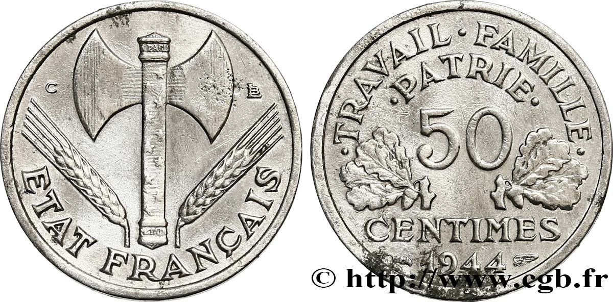 50 centimes Francisque, légère 1944 Castelsarrasin F.196/6 TTB