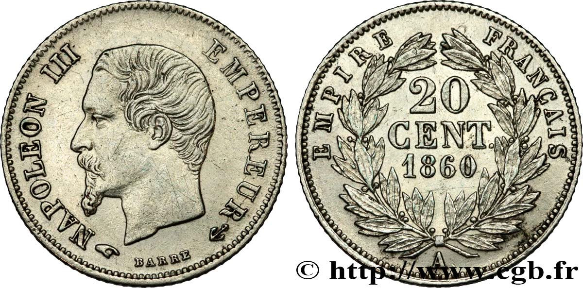 20 centimes Napoléon III, tête nue 1860 Paris F.148/14 TTB+