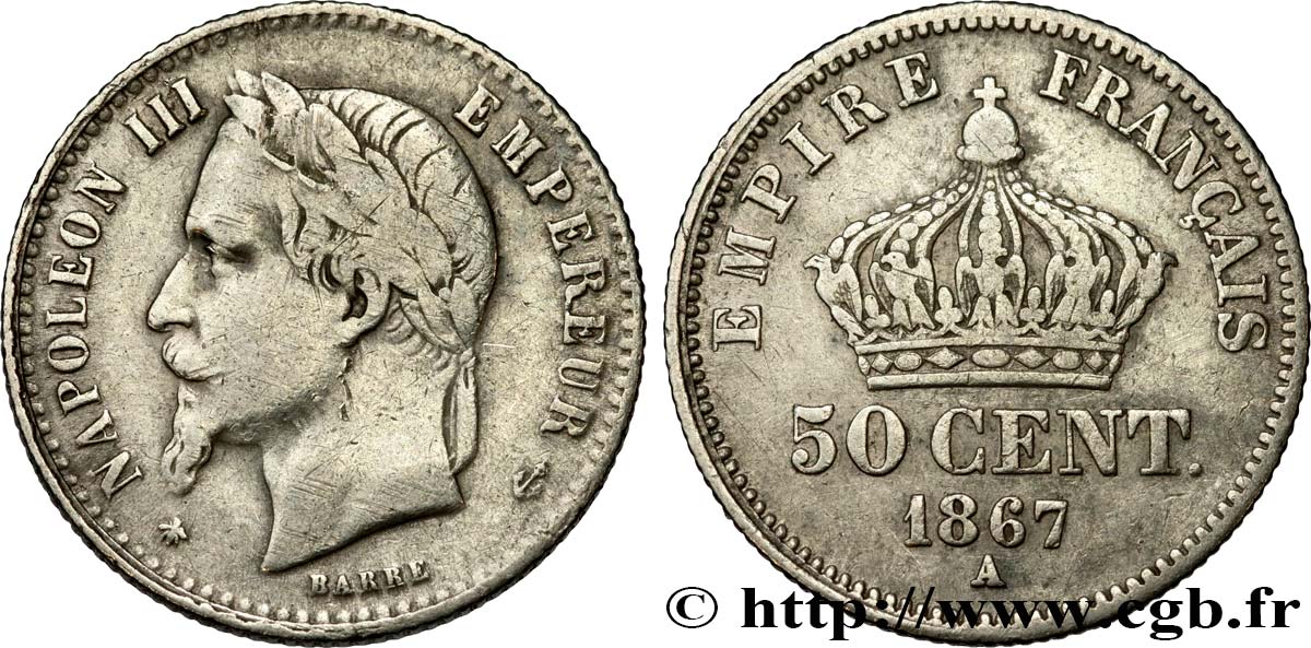 50 centimes Napoléon III, tête laurée 1867 Paris F.188/13 TB25