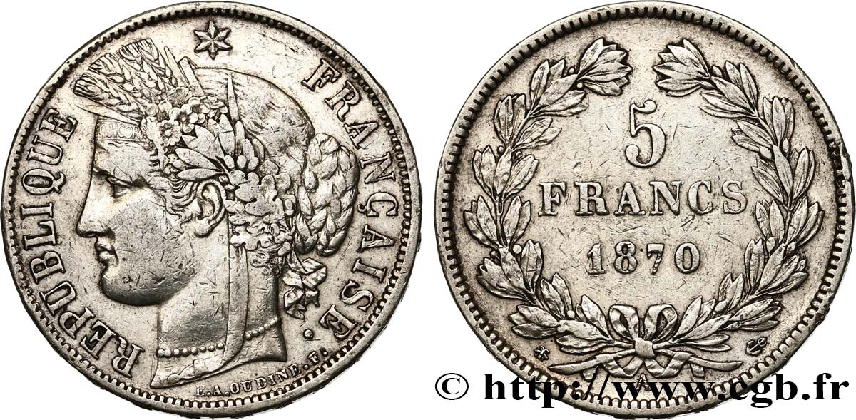 5 francs Cérès, sans légende 1870 Paris F.332/1 TB35