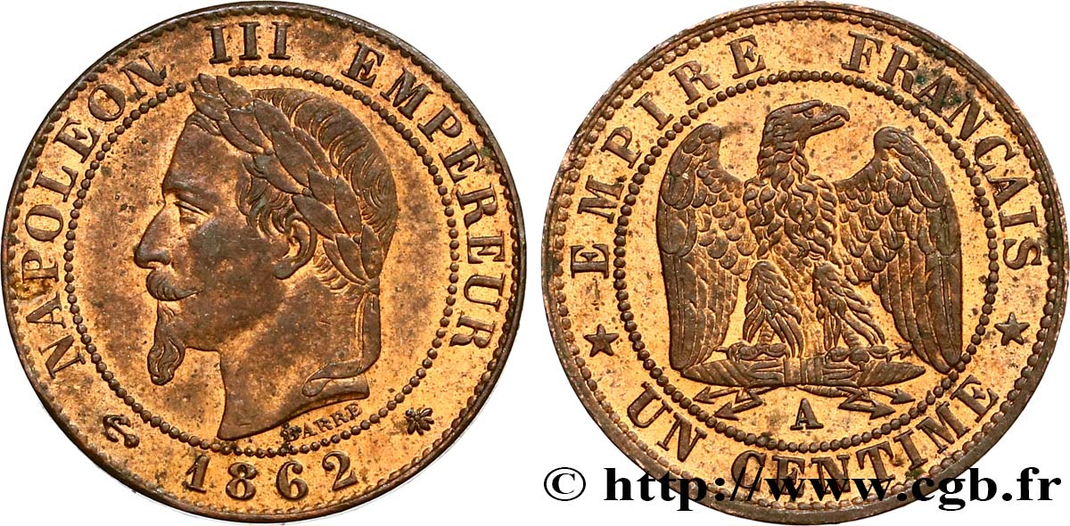 Un centime Napoléon III, tête laurée 1862 Paris F.103/4 SUP58