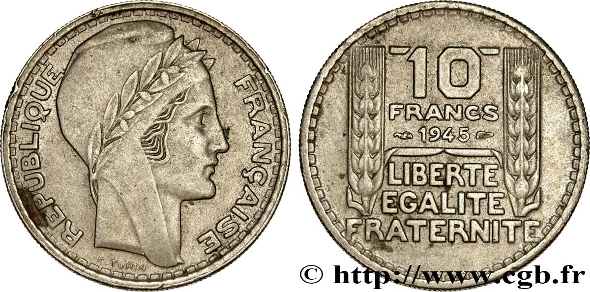 10 francs Turin, grosse tête, rameaux longs 1945 F.361/2 TTB45