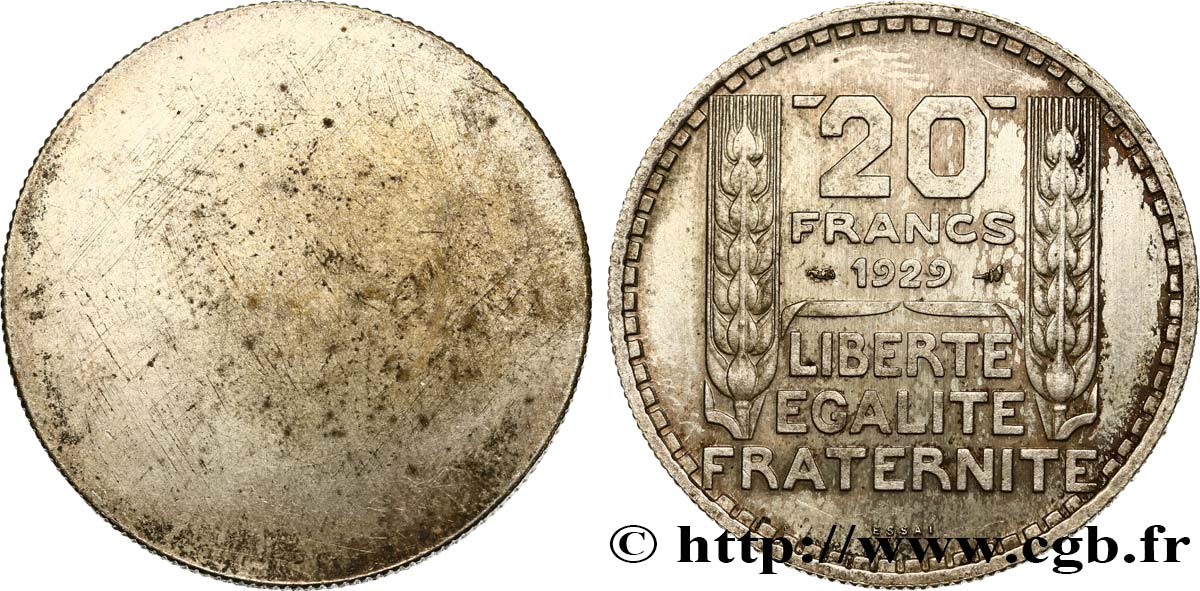 Essai uniface de revers de 20 francs Turin 1929 Paris GEM.199 2 VZ+ 