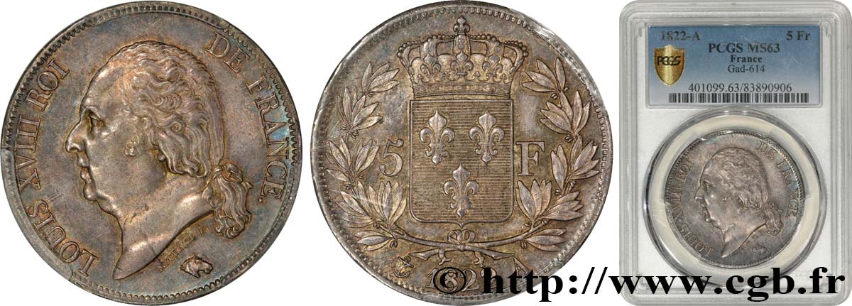 5 francs Louis XVIII, tête nue 1822 Paris F.309/68 SPL63 PCGS