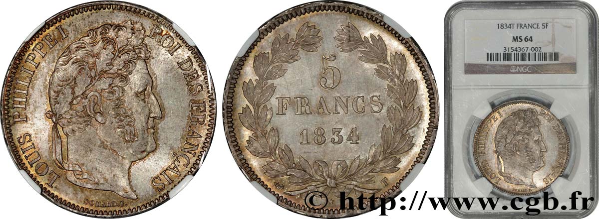 5 francs IIe type Domard 1834 Nantes F.324/40 SPL64 NGC