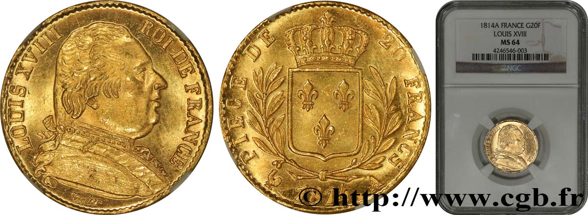20 francs or Louis XVIII, buste habillé 1814 Paris F.517/2 SPL64 NGC