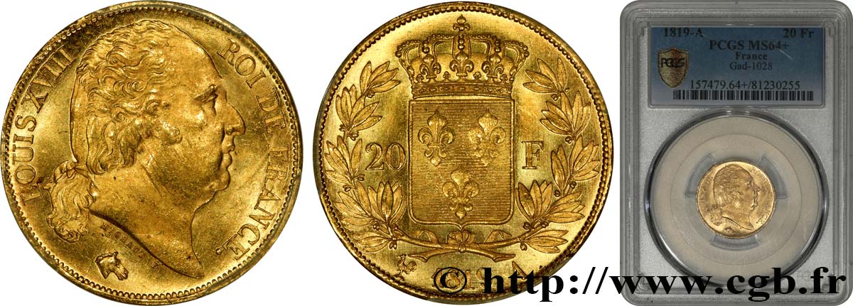 20 francs or Louis XVIII, tête nue 1819 Paris F.519/15 SPL64 PCGS