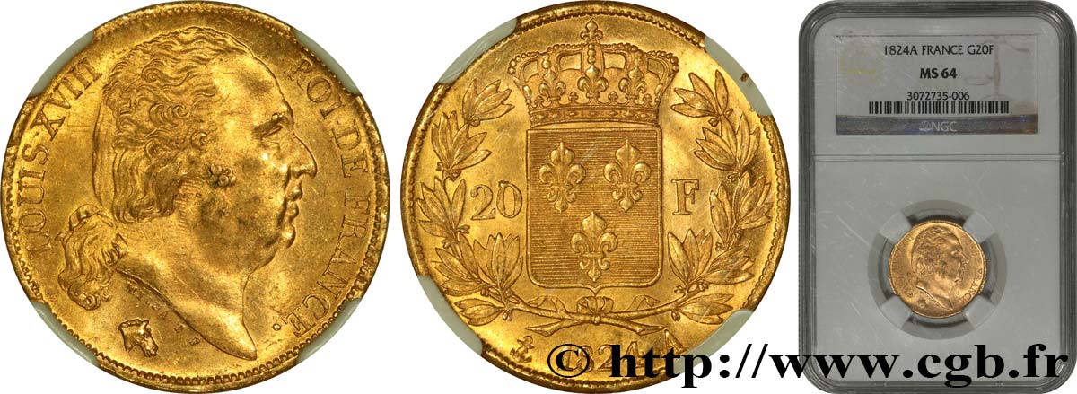 20 francs or Louis XVIII, tête nue 1824 Paris F.519/31 SPL64 NGC