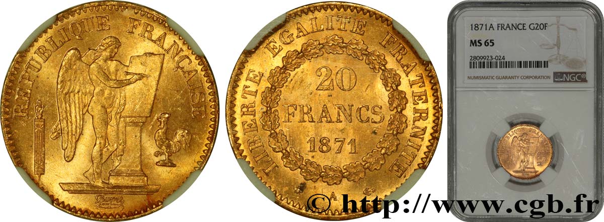 20 francs or Génie, IIIe République 1871 Paris F.533/1 FDC65 NGC