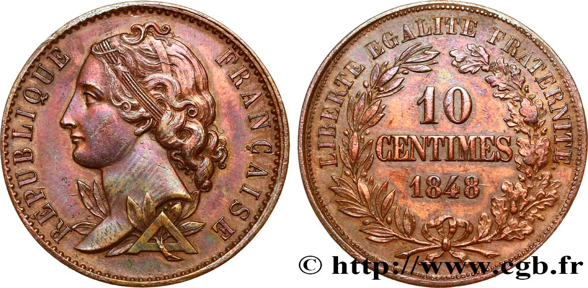 Concours de 10 centimes, essai en cuivre par Magniadas, premier revers 1848 Paris VG.3143  SS52 