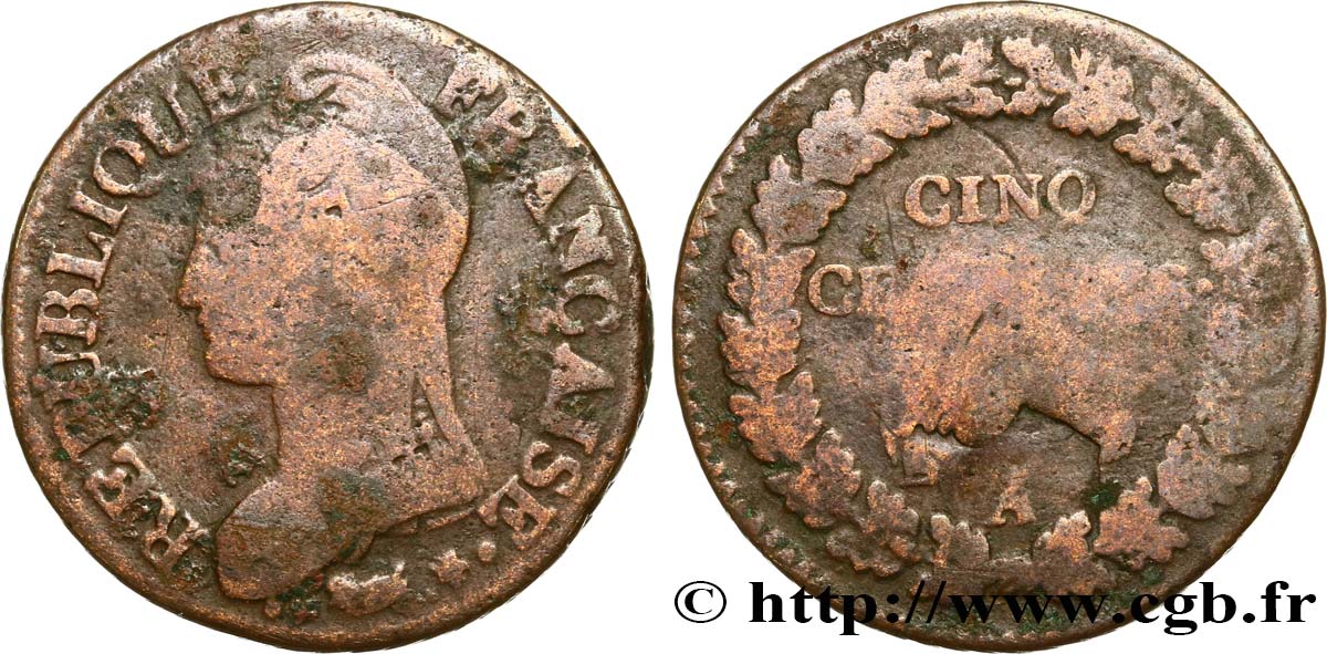 Cinq centimes Dupré, grand module, refrappage du décime 1799 Paris F.114/18 B