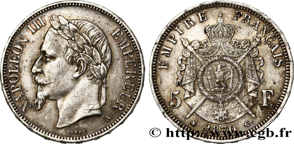 5 francs Napoléon III, tête laurée 1870 Paris F.331/16 SS45