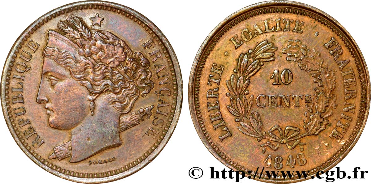 Concours de 10 centimes, essai en cuivre par Domard, premier avers, deuxième revers 1848 Paris VG.3138 var. BB54 