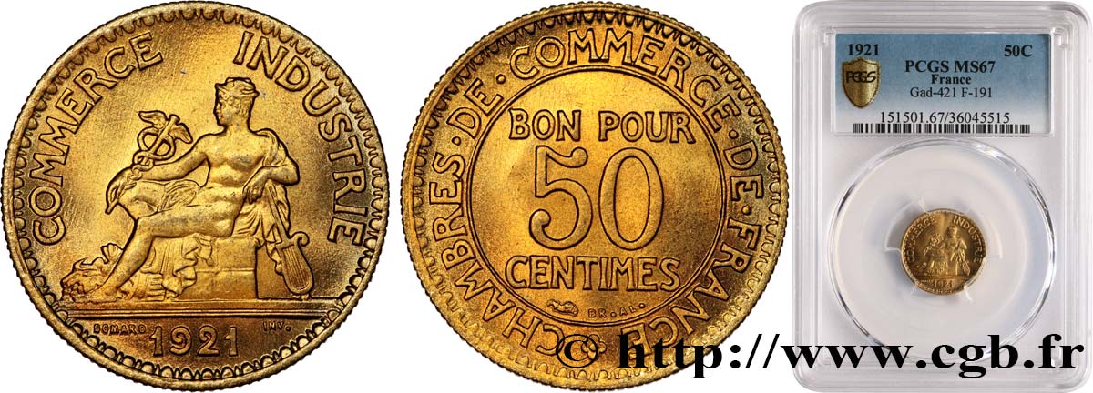 50 centimes Chambres de Commerce 1921 Paris F.191/3 MS67 PCGS