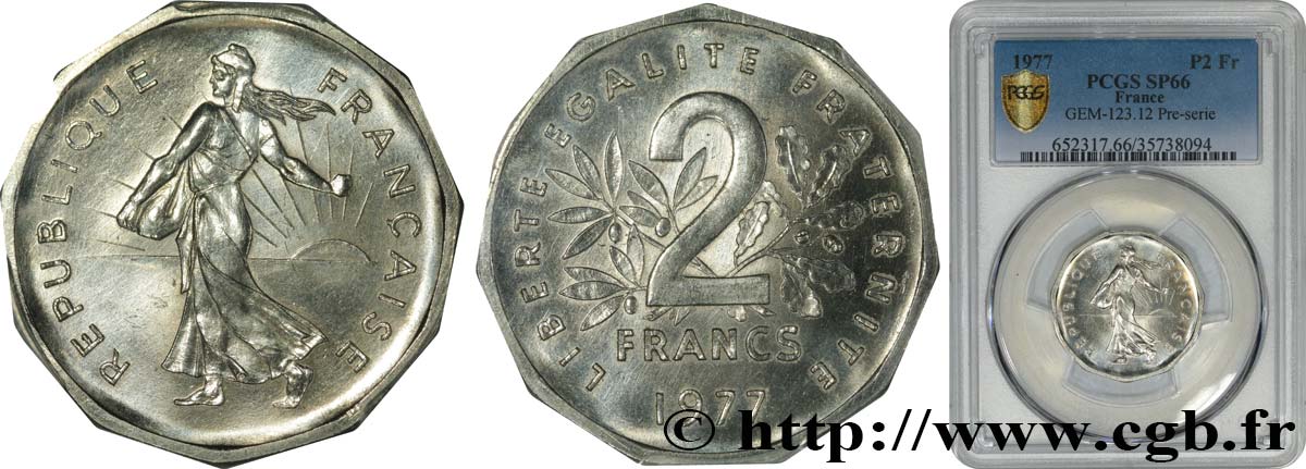 Pré-série de 2 francs Semeuse, nickel, sans le mot essai, tranche à 11 pans, listel rond 1977 Pessac GEM.123 13 ST66 PCGS