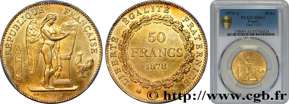 50 francs or Génie 1878 Paris F.549/1 SPL61 PCGS
