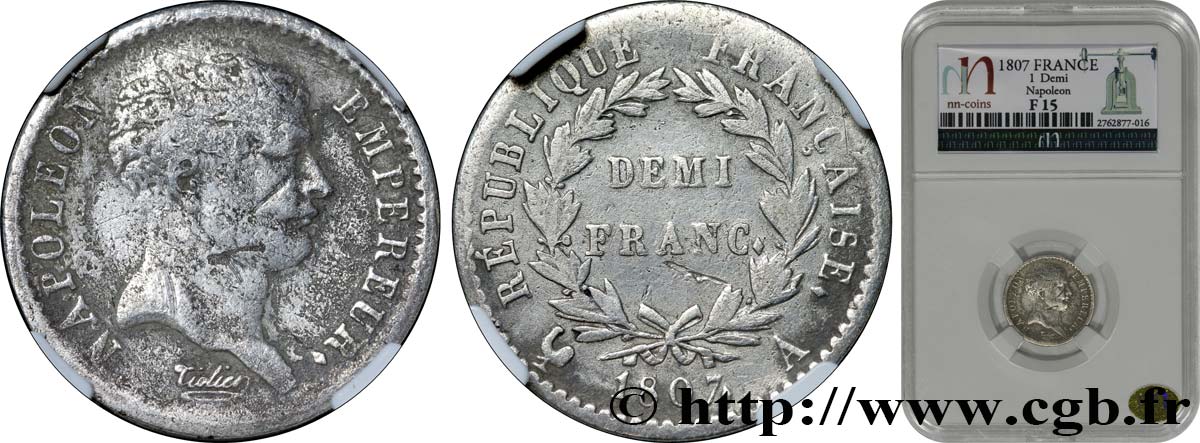 Demi-franc Napoléon Empereur, tête de nègre 1807 Paris F.176/1 S15 autre