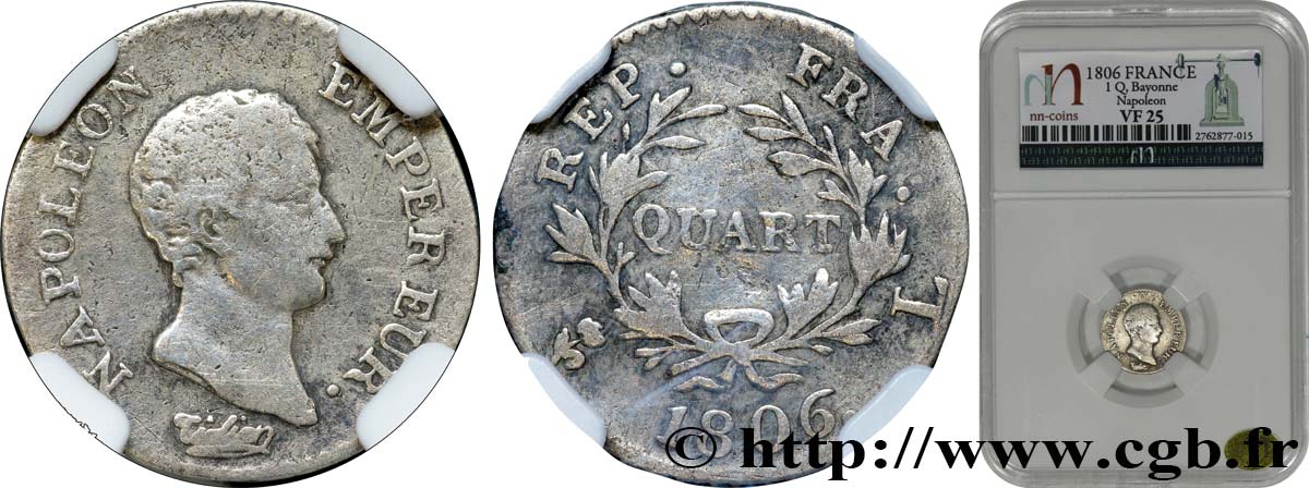Quart (de franc) Napoléon Empereur, Calendrier grégorien 1806 Bayonne F.159/4 MB25 autre