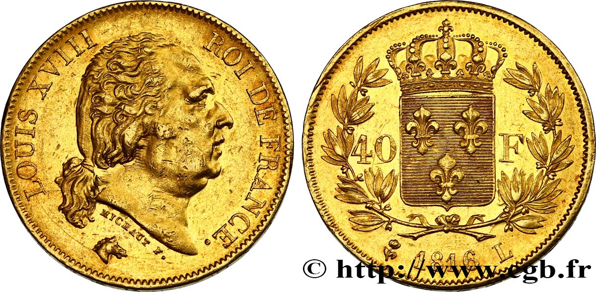 40 francs or Louis XVIII 1816 Bayonne F.542/3 AU52 