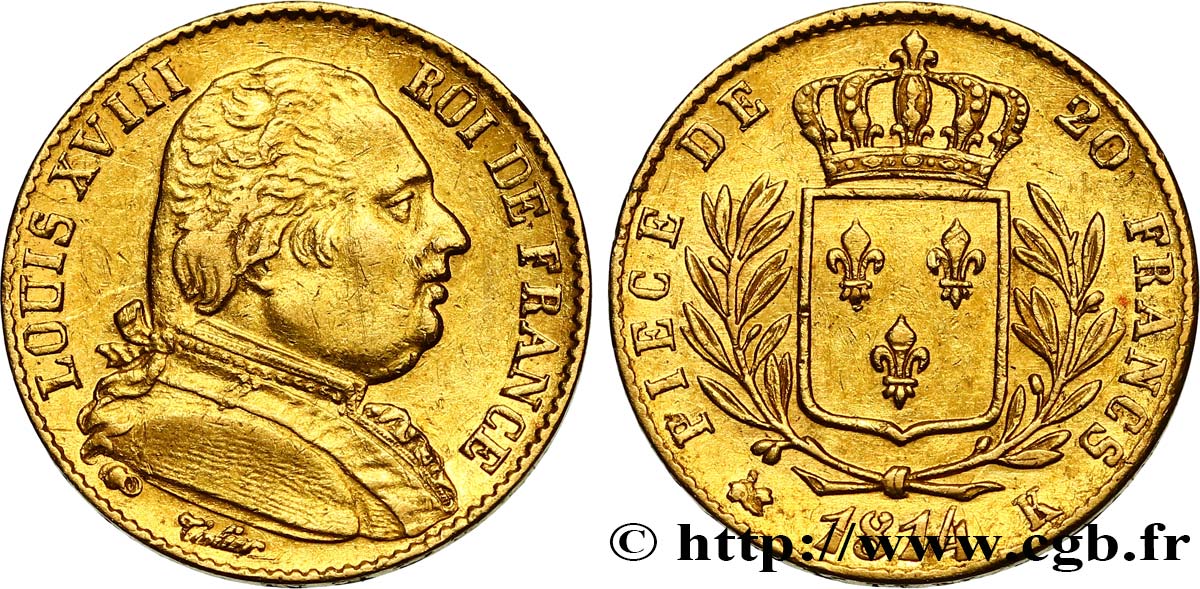 20 francs or Louis XVIII, buste habillé 1814 Bordeaux F.517/4 XF48 