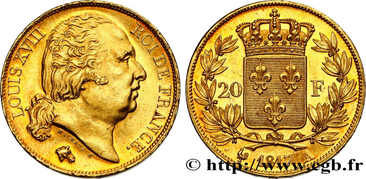 20 francs or Louis XVIII, tête nue 1817 Paris F.519/5 MS63 