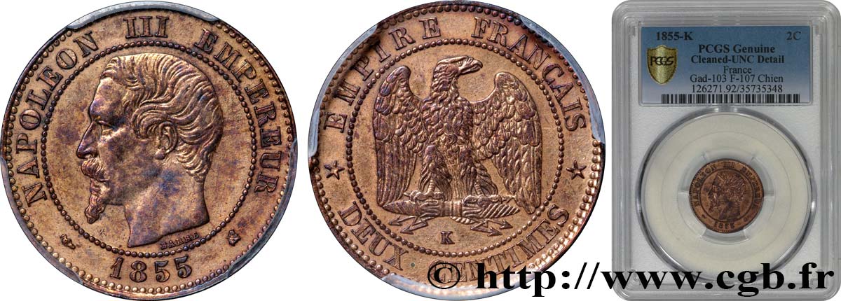 Deux centimes Napoléon III, tête nue 1855 Bordeaux F.107/33 VZ+ PCGS