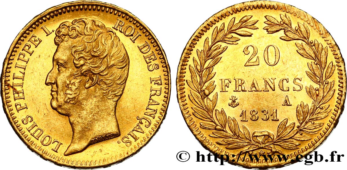 20 francs or Louis-Philippe, Tiolier, tranche inscrite en relief 1831 Paris F.525/2 MS60 