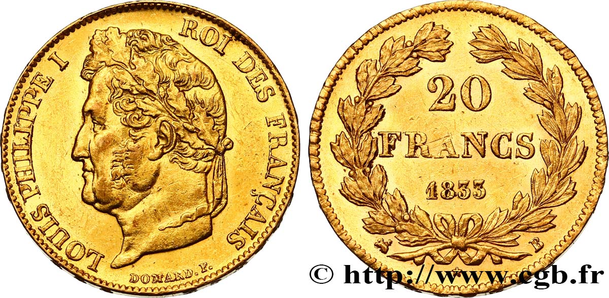 20 francs or Louis-Philippe, Domard 1833 Rouen F.527/5 MBC54 