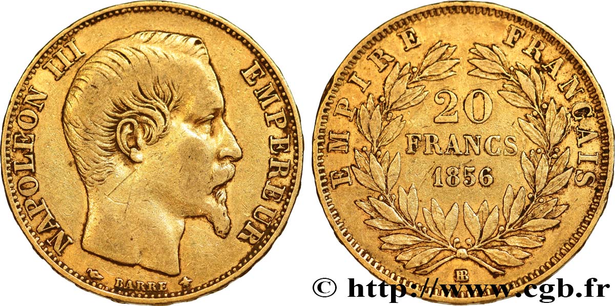 20 francs or Napoléon III, tête nue 1856 Strasbourg F.531/10 XF40 