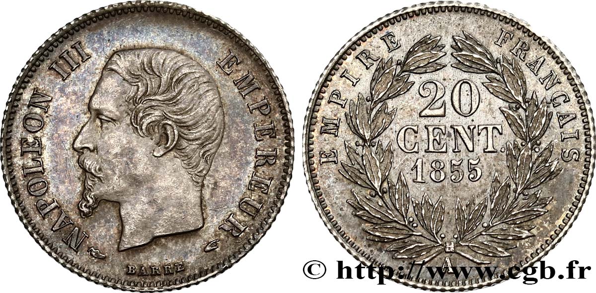 20 centimes Napoléon III, tête nue 1855 Paris F.148/3 SUP60 