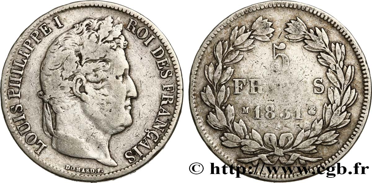 5 francs Ier type Domard, tranche en creux 1831 Marseille F.319/6 TB25 