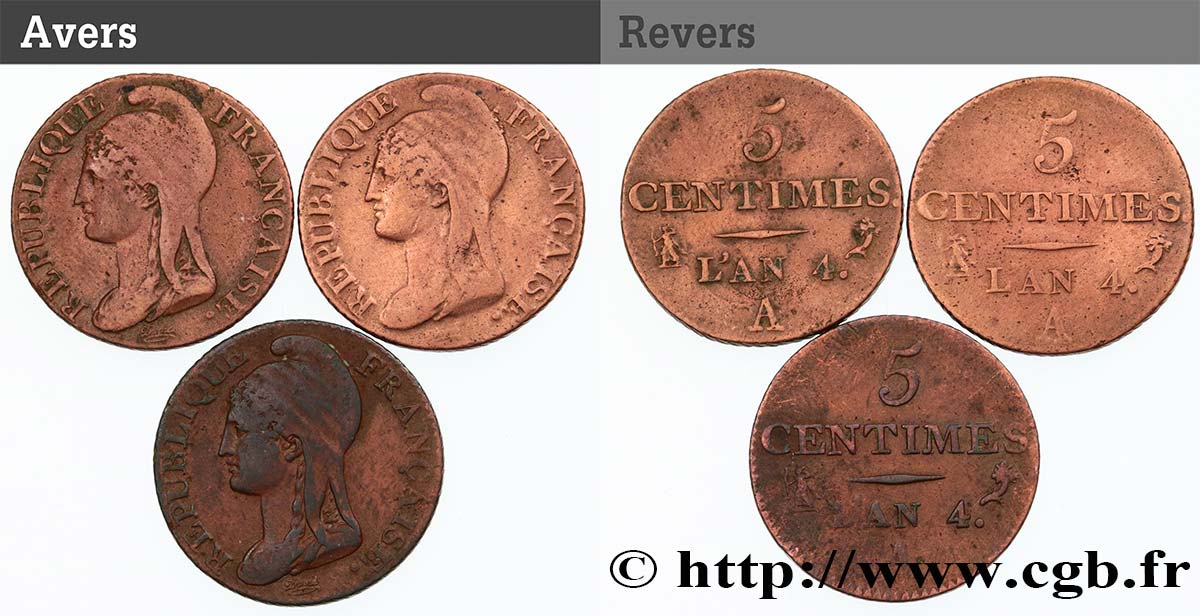 Lot de 3 pièces de 5 centimes Dupré n.d. Paris F.113/1 VG/XF 
