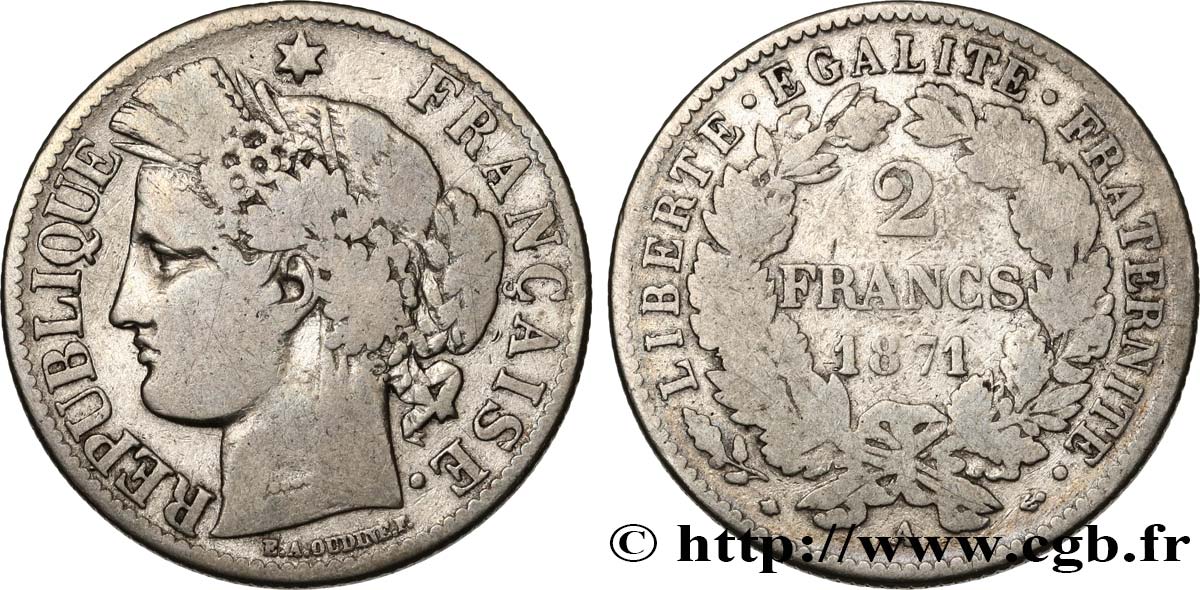 2 francs Cérès, avec légende 1871 Paris F.265/5 TB15