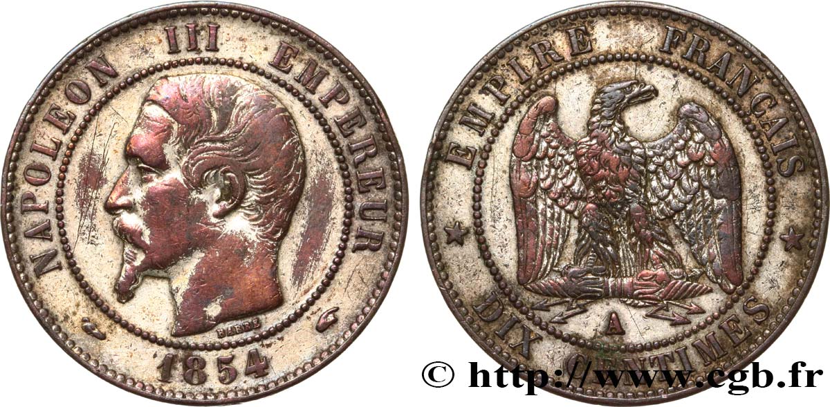Dix centimes Napoléon III, tête nue 1854 Paris F.133/11 TTB