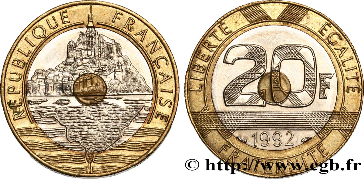20 francs Mont Saint-Michel, 5 cannelures, \ / ouvert 1992 Pessac F.403/3 MS60