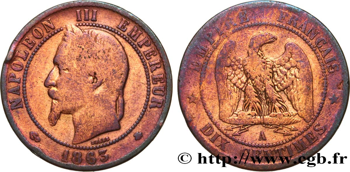 Dix centimes Napoléon III, tête laurée 1863 Paris F.134/10 TB15