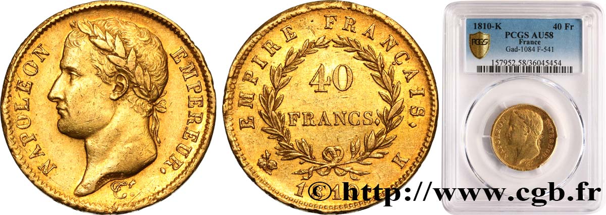 40 francs or Napoléon tête laurée, Empire français 1810 Bordeaux F.541/4 AU58 PCGS