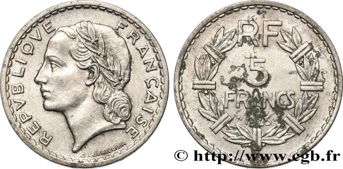 5 francs Lavrillier, aluminium 1945 Beaumont-Le-Roger F.339/4 MBC
