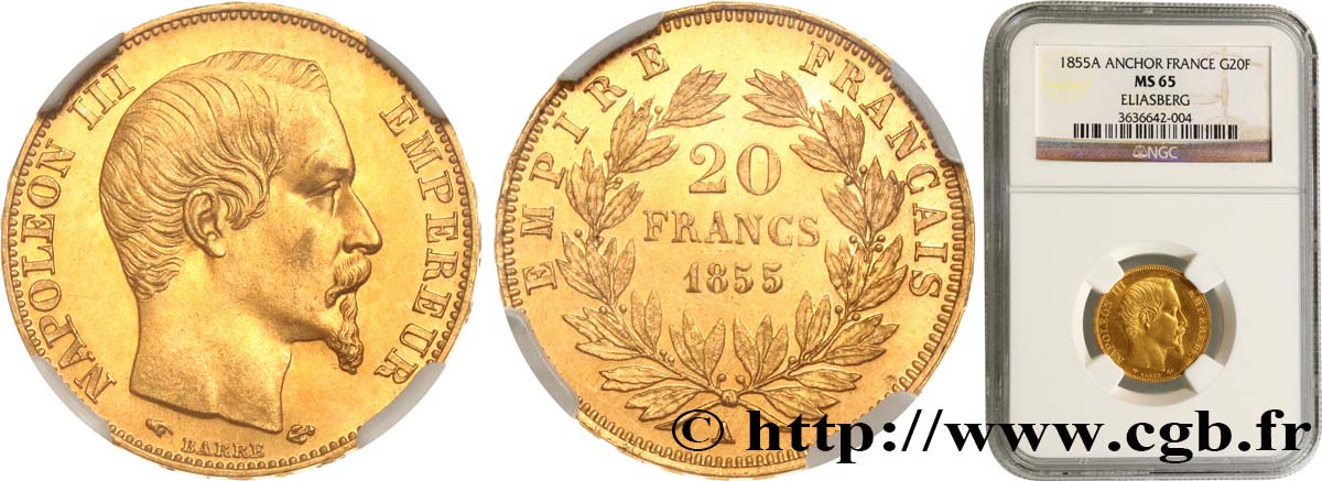 20 francs or Napoléon III, tête nue 1855 Paris F.531/4 MS65 NGC