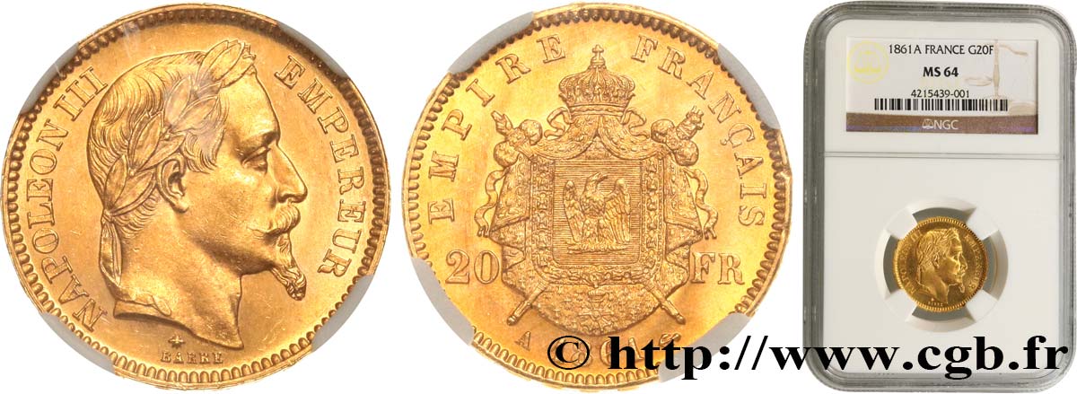 20 francs or Napoléon III, tête laurée 1861 Paris F.532/1 SPL64 NGC
